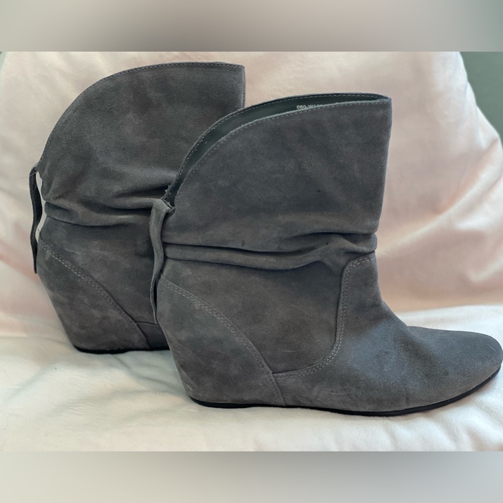 White Mountain Suede Wedge Booties.  Grey in Women’s size 8.5
